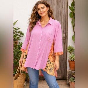 Intro Woman 2X Boho Patchwork Tunic Top | Artsy Lagenlook Made in India
